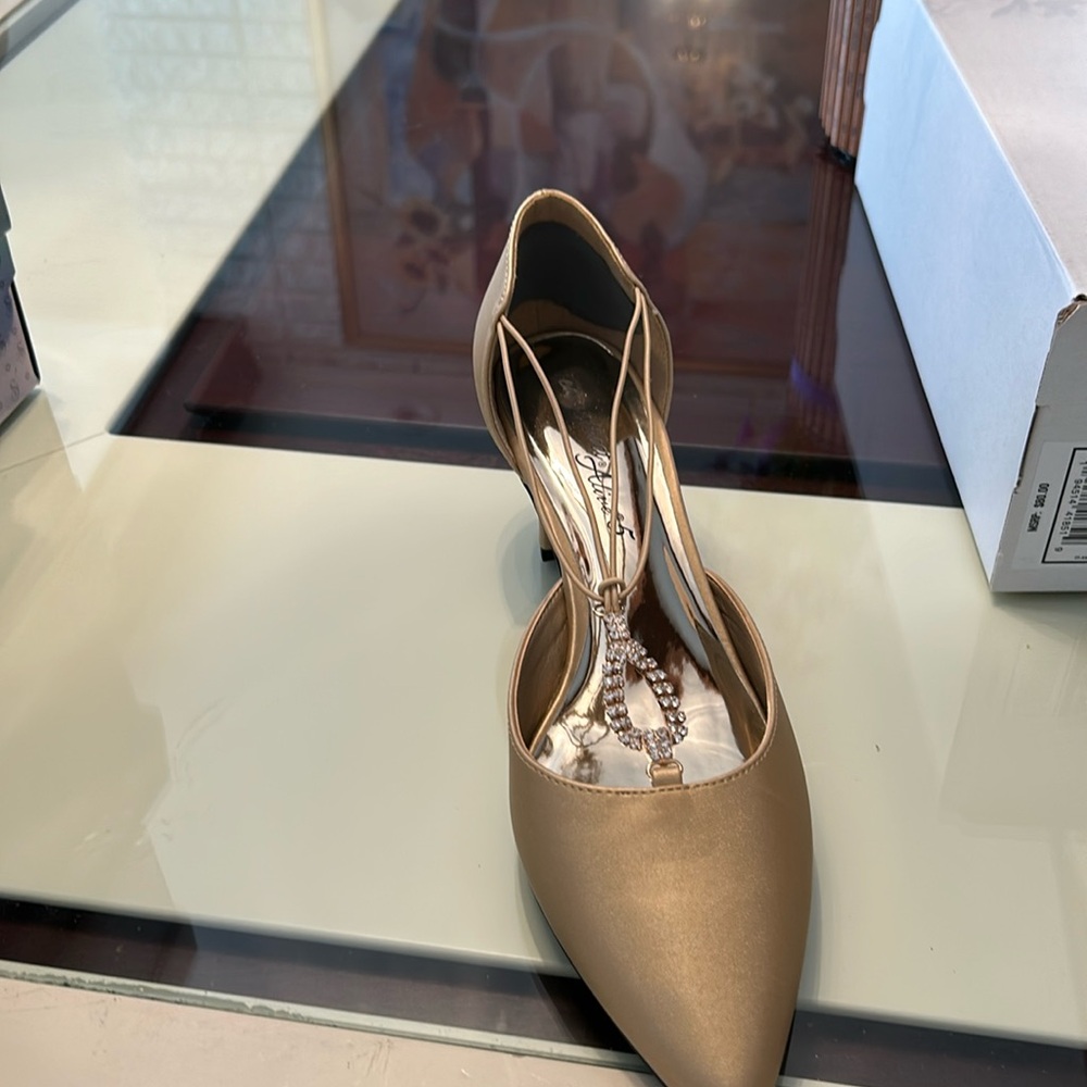 Women’s gold satin dress shoes